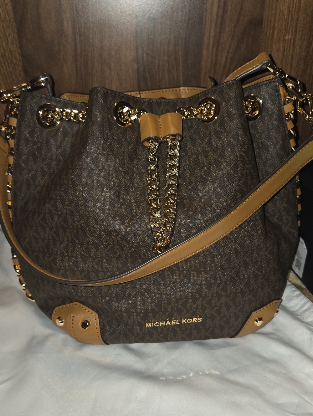 Brand New! Michael Kors Brown Monogram Drawstring Bucket Bag